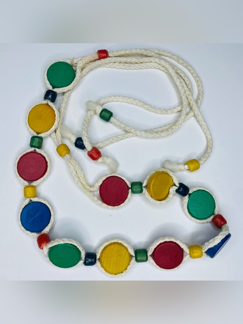 Vintage Statement Piece Colorful Wood with Rope Rope Sz Lg